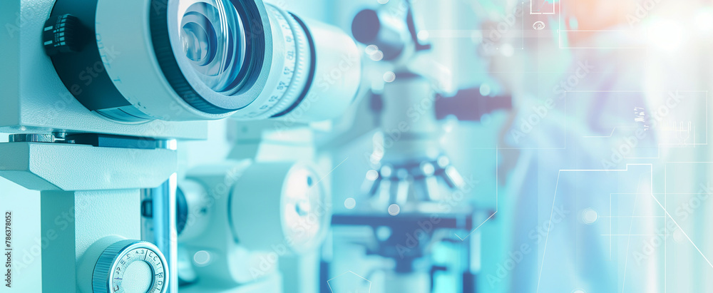 Doctor at a optical clinic with futuristic ophthalmoscope equipment performing eye test and vision cure research as wide banner with copy space area