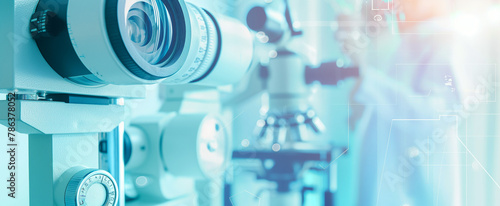 Obraz na płótnie Doctor at a optical clinic with futuristic ophthalmoscope equipment performing eye test and vision cure research as wide banner with copy space area w salonie