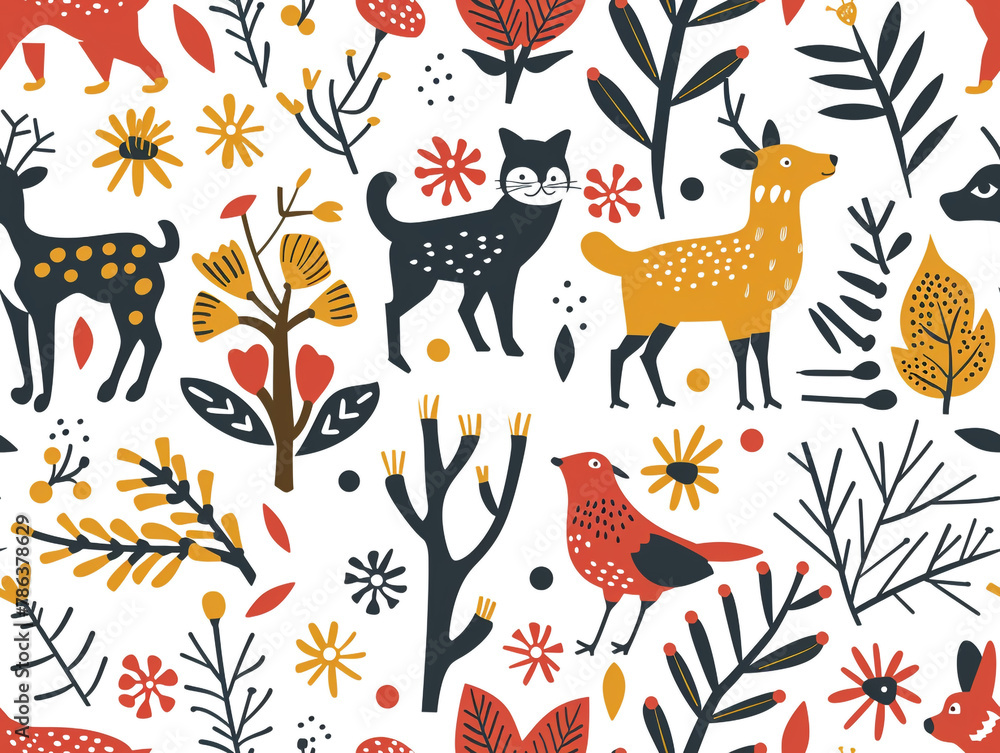 Forest animal and flower drawing Folk art seamless pattern. Scandinavian style. Forest animal and flower drawing Folk art seamless pattern. Scandinavian style.