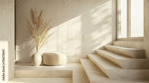 Refined beige stairs in a modern Scandinavian-themed lounge with a window and tranquil setting.