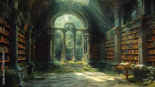 Ancient library with books emitting soft light, symbols whispering tales of old