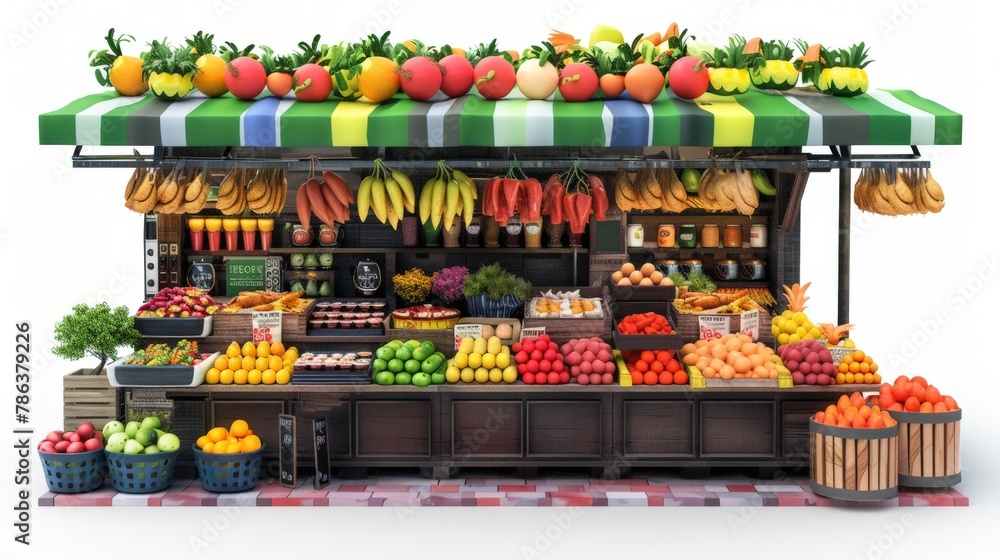A colorful fruit stand with a green and white awning