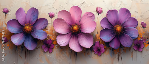 purple and pink flowers on a wall with a white background