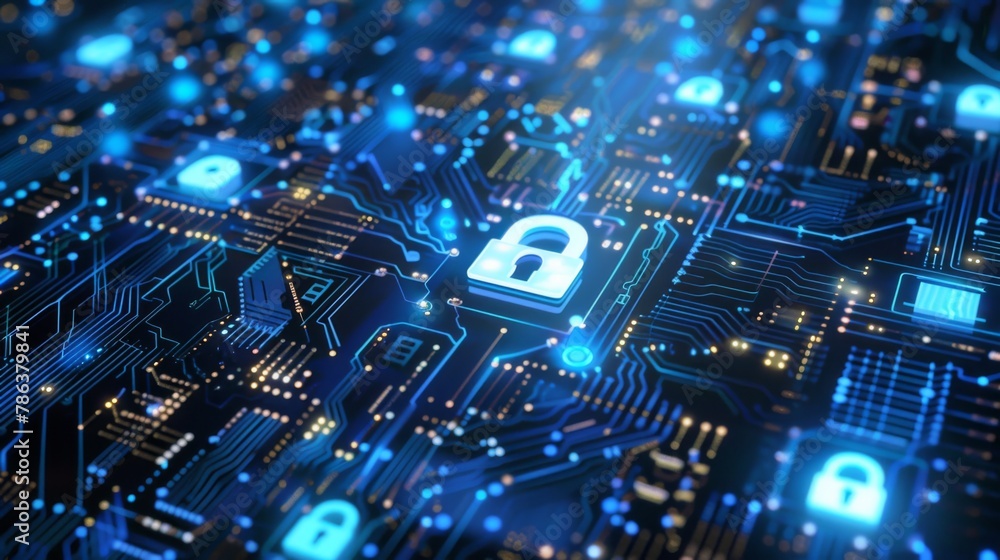 Digital Security Concept on Blue Circuit Board Digital Security Concept on Blue Circuit Board