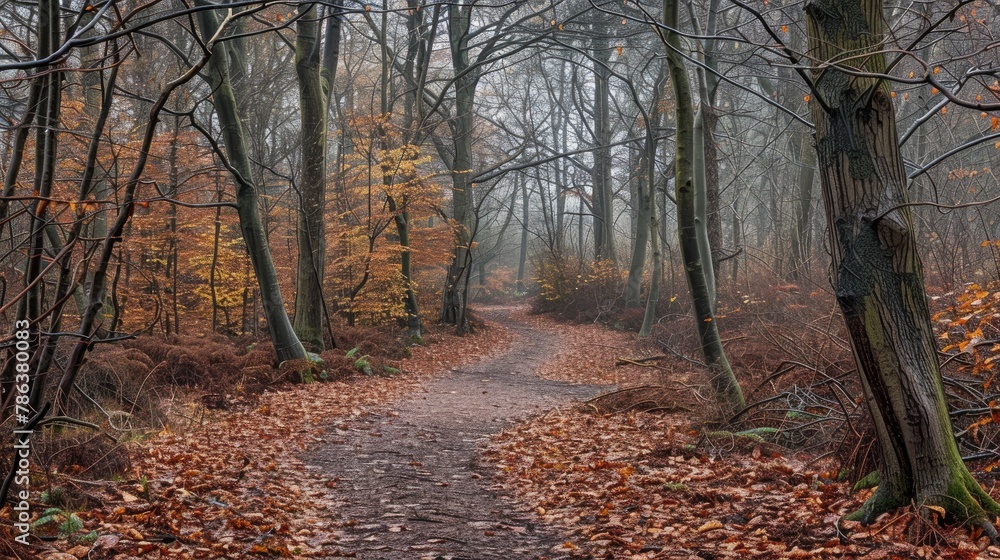 Obraz premium Autumnal scene in the woods A path meandering through leafless trees