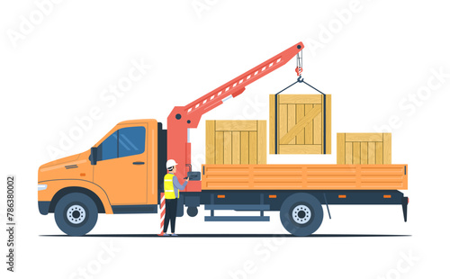 A worker unloads boxes from a truck using its mounted crane isolated. Vector illustration.
