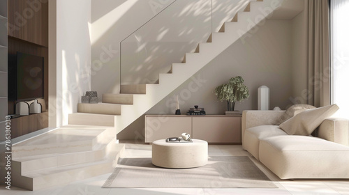 Elegant beige stairs featuring Scandinavian style in a contemporary living room.
