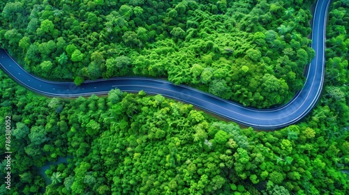 aerial top view beautyfull curve road on green forest in the rain season background, rural routes connecting cities in the north of thailand