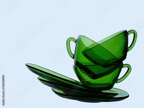 Green tea cups and saucers, stacked, on pale background.