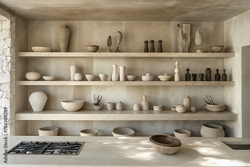 Elegant Malibu Beachfront Villa Kitchen with Minimalist Style, Open Shelving, White and Gray Palette, Afternoon Light Elegant Malibu Beachfront Villa Kitchen with Minimalist Style, Open Shelving, White and Gray Palette, Afternoon Light
