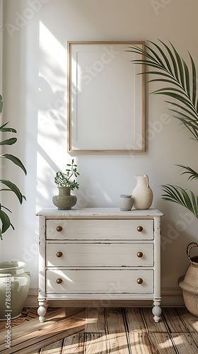 A mockup poster frame in a Scandinavian-inspired interior, above a retro chest drawer, surrounded by stacked ceramic planters, in a monochrome white color palette, 3d render, hyperrealistic