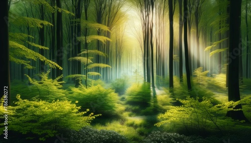 Enchanted Forest with Sunbeams on a Misty Morning