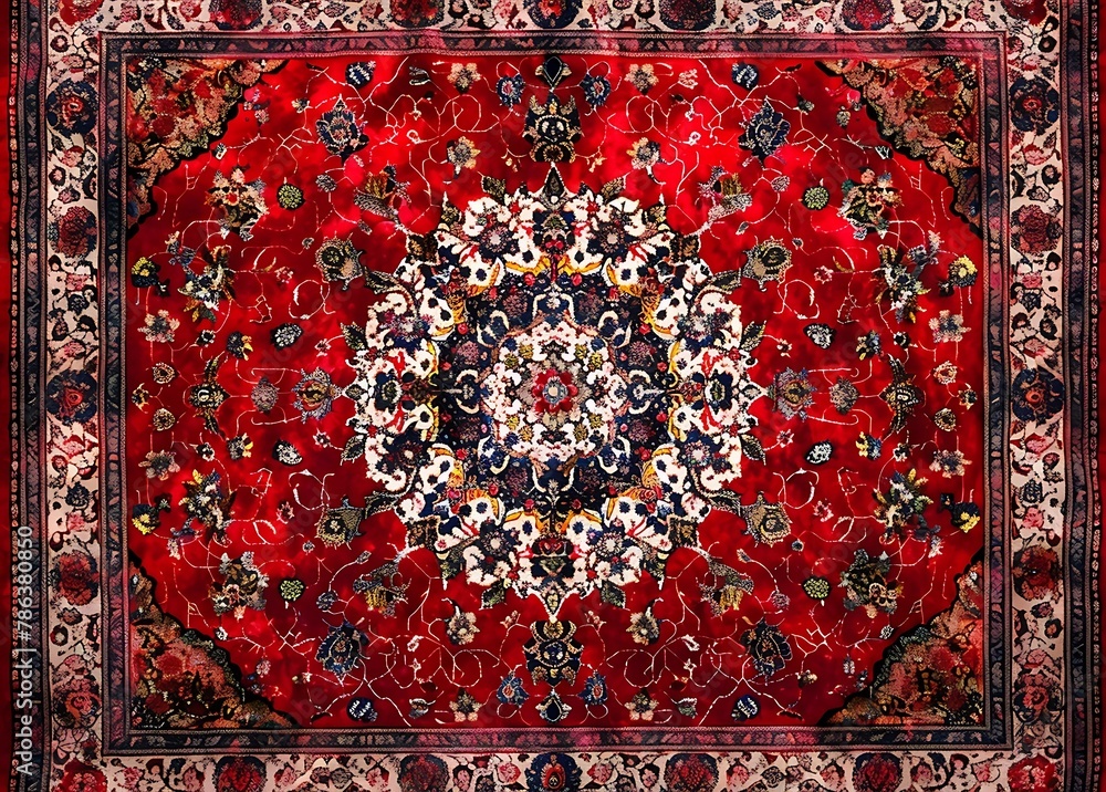 A red Persian carpet with floral and geometric patterns in the center