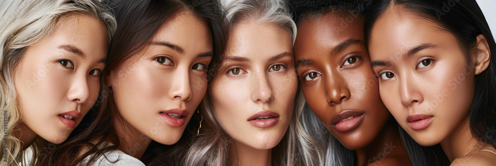 women of different ethnicities, of mixed race with beautiful skin posing for the camera in a studio with a white background, with different hair and eye colors