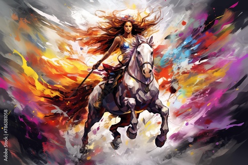 Abstract Colorful Illustration of a Valkyrie on a Horse on a Colorful Background