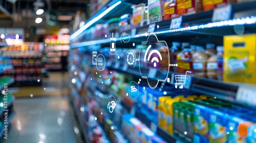 Supermarket Shelves With Digital Interaction Icons Supermarket Shelves With Digital Interaction Icons