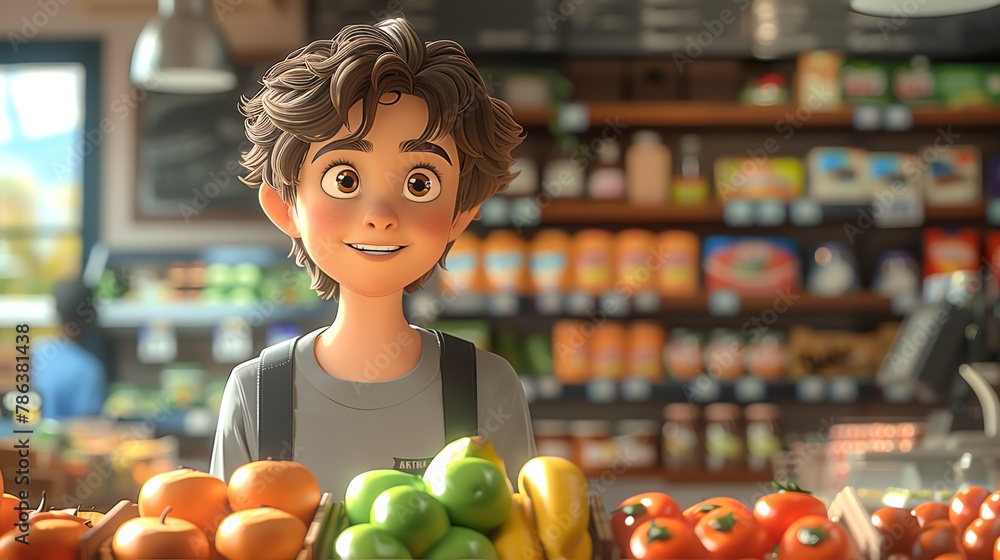 Fototapeta premium Cartoon teenager working as a supermarket bagger, learning responsibility, realistic work environment