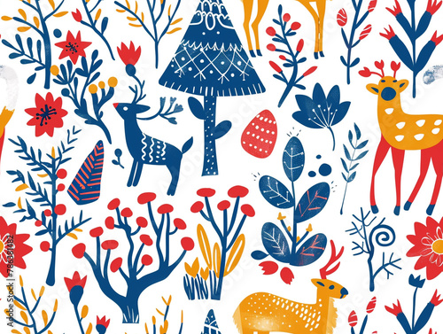 Forest animal and flower drawing Folk art seamless pattern. Scandinavian style. 