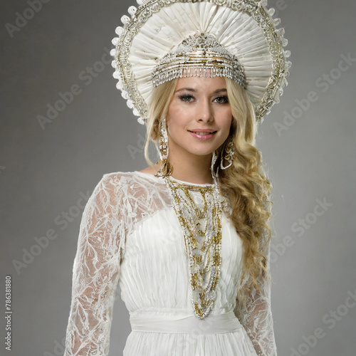 하얀드레스를 입고 머리장식을 한 아름다운 여자