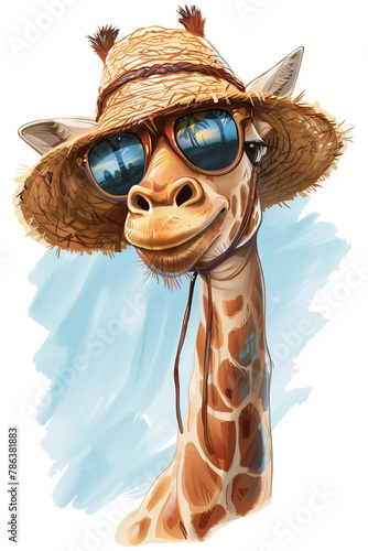 Giraffe in Straw Hat and Sunglasses isolated. Animal for design Print