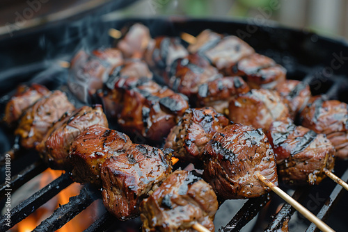Skewered meat on a backyard BBQ