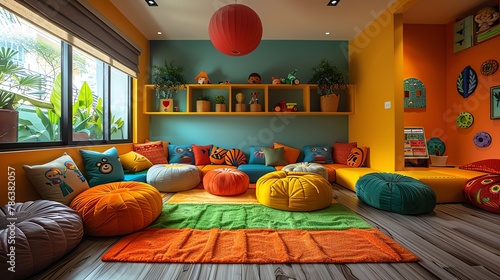 Children s playroom organized with colorful and safe artificial plant decor, fun and secure