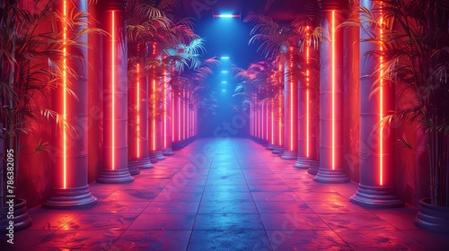 Cinema foyer decorated with 3D rendered neonlit bamboo  modern and flashy