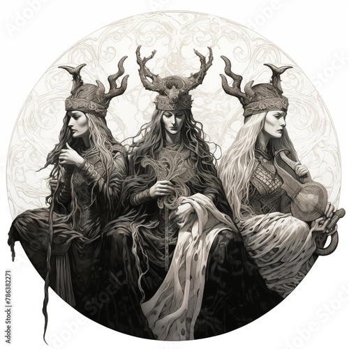 Black and White Illustration of the Norns on a White Background