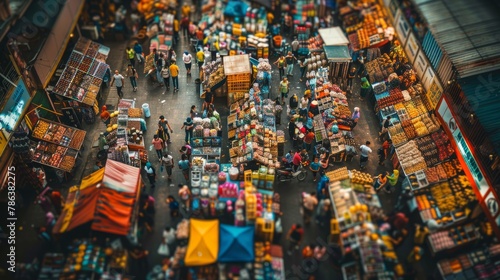A crowded city market with colorful stalls and vendors selling various goods, busy shoppers browsing and buying products