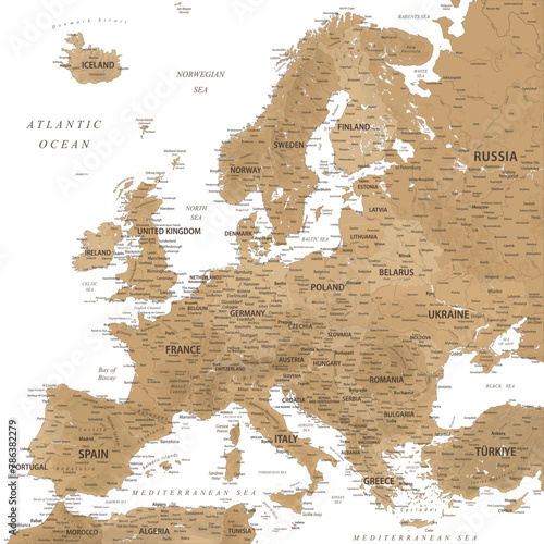 Europe - Highly Detailed Vector Map of the Europe. Ideally for the Print Posters. Golden Brown Beige Retro Colors