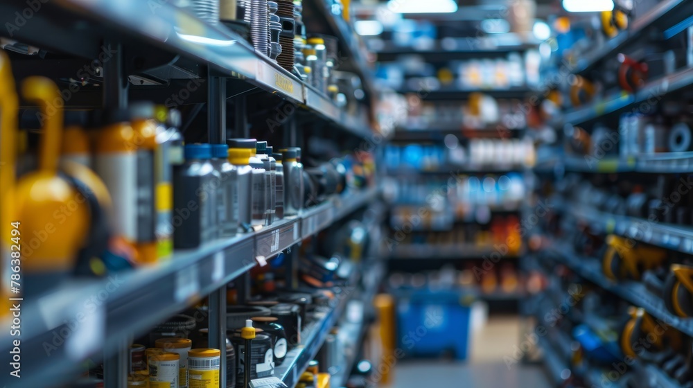 A commercial closeup of shelves in an auto parts store stacked with various bottles and products ready for purchase