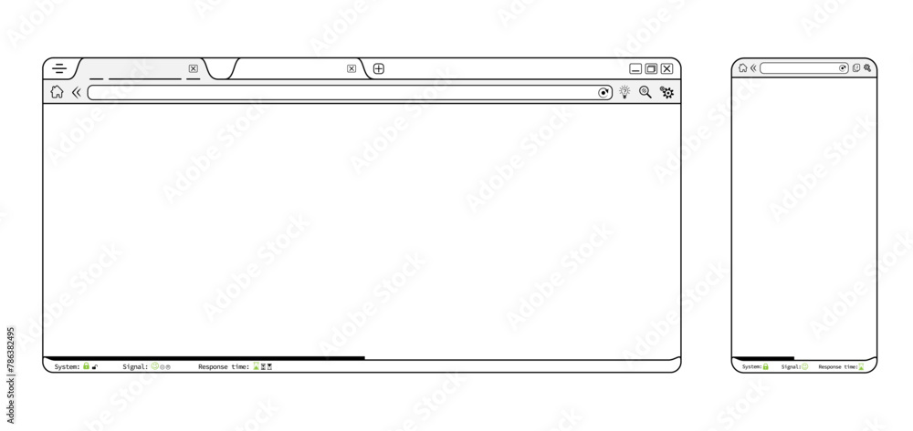 Black internet browser phone app webpage, blank website template vector design. Editable lines web browser with icons illustration. Homepage mockup background illustration.  - obrazy, fototapety, plakaty 