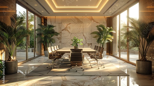 Corporate conference room with sophisticated 3D rendered potted palms  professional yet tropical