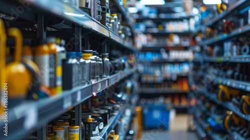 A commercial closeup of shelves in an auto parts store stacked with various bottles and products ready for purchase photo