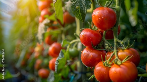 A cluster of ripe, red tomatoes thrive on a vine, showcasing vibrant colors and healthy growth