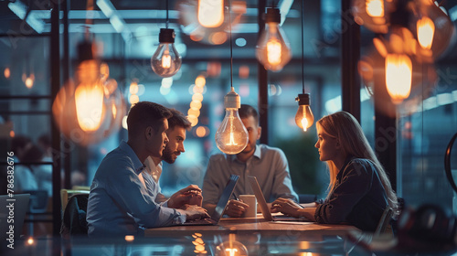 Business Office People Discuss Business Topics. Bulb Lights. Office Concept. Generative Ai photo