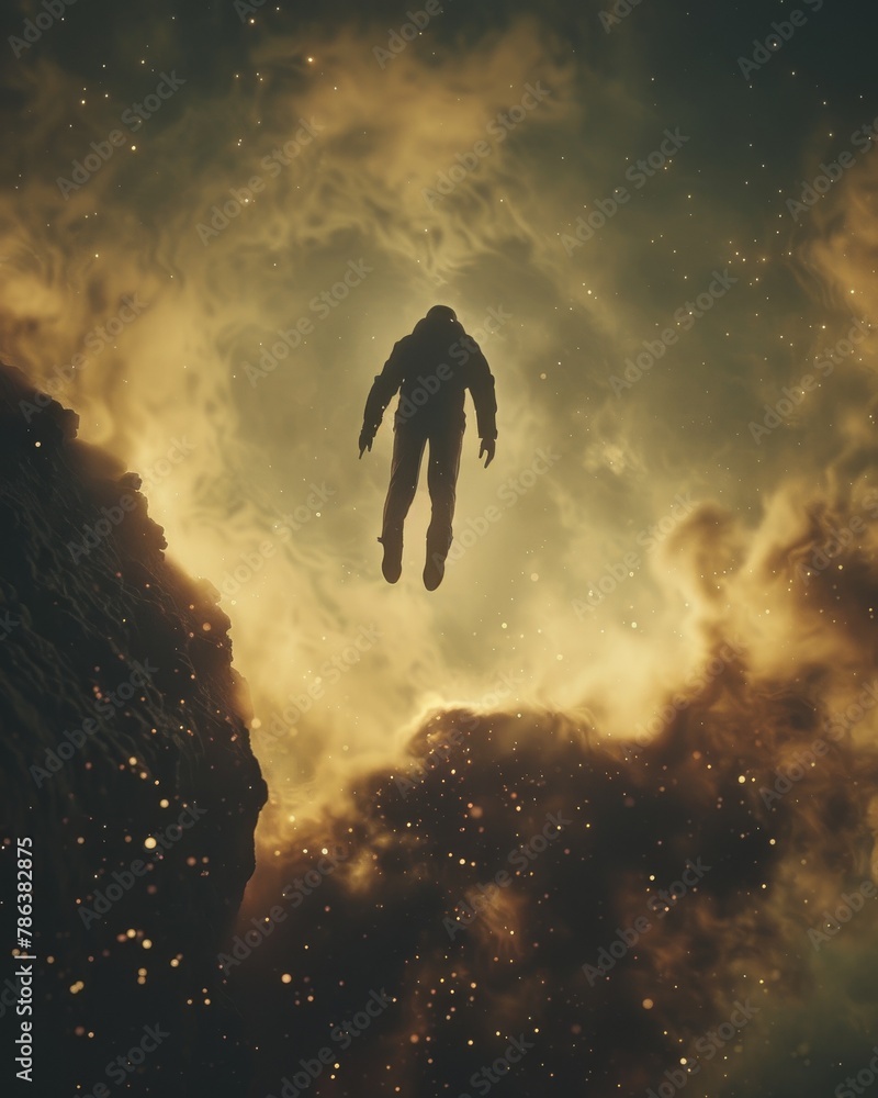 Craft a surreal image of individuals engaging in astral projection, floating above a serene landscape Showcase the harmony between the astral and physical realms Craft a surreal image of individuals engaging in astral projection, floating above a serene landscape Showcase the harmony between the astral and physical realms