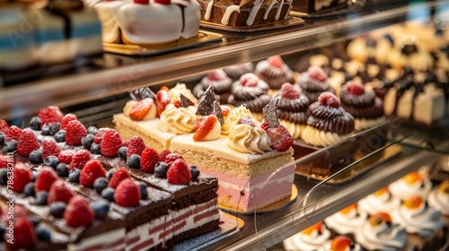 A display case filled with a wide selection of intricately designed cakes and desserts at a patisserie