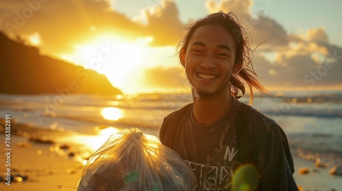 A man smiling while standing on a beach holding a bag filled with collected litter
