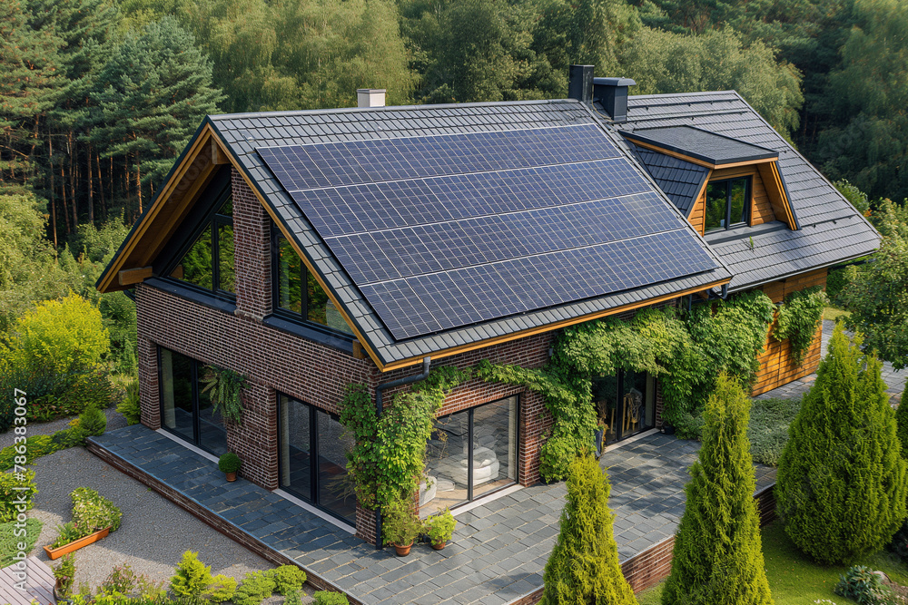 Solar panels on roof of modern house. Concept home of the future uses clean energy for sustainability. Energy saving and clean energy.