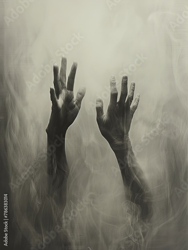 Ghostly hands appearing in a sA ance, reaching for the living photo