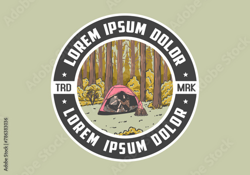 Camping in nature with partner. Vintage outdoor illustration