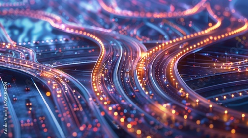 A complex network of roads illuminated by intricate patterns of lights in the middle of the night