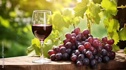 Glass of red wine with bunch of grapes on wooden table in vineyard. Wine tasting and gastronomy concept. Sunlit outdoor setting with vine leaves. Design for vineyard tour promotion  wine list.