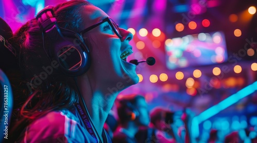 Female artist wearing headphones and passionately singing into a microphone on stage photo