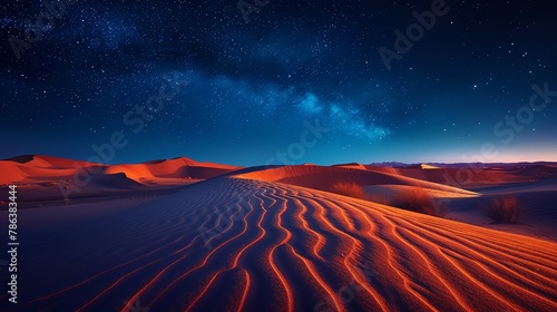 Desert oasis at night, sands shifting into patterns and symbols under the moonlight