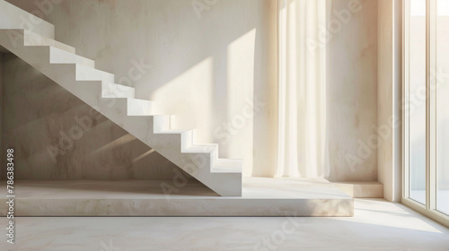 Elegant beige stairs in a chic Scandinavian-themed lounge with a window and soft natural lighting.