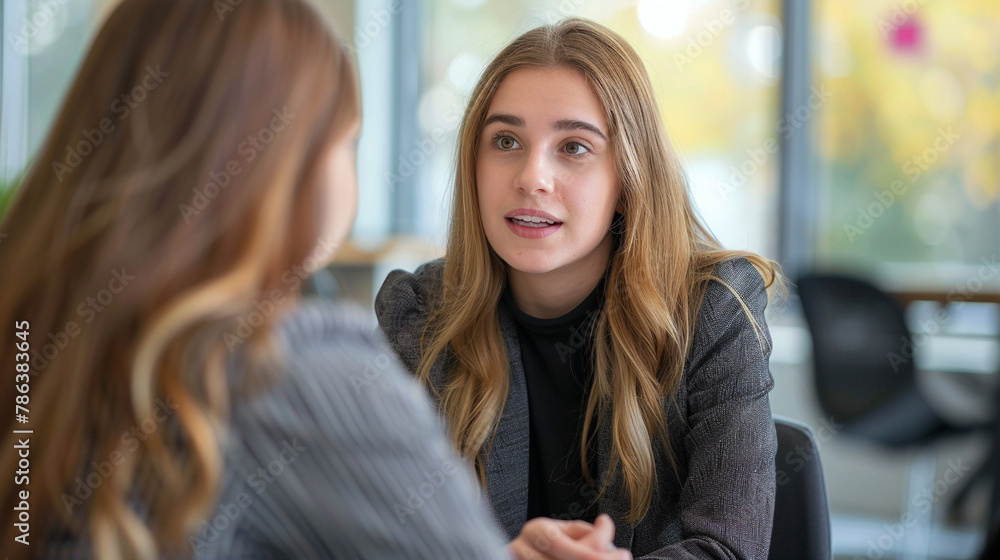 Female Hiring Manager Interviewing A Job Candidate In Her Office Female Hiring Manager Interviewing A Job Candidate In Her Office