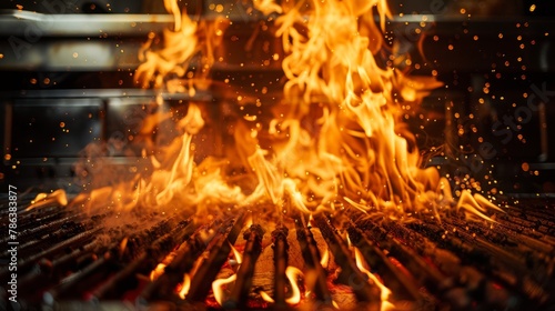 A close-up view of a grill with roaring flames, showcasing the intense heat and cooking process