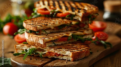 A stack of grilled sandwiches placed neatly on a wooden cutting board